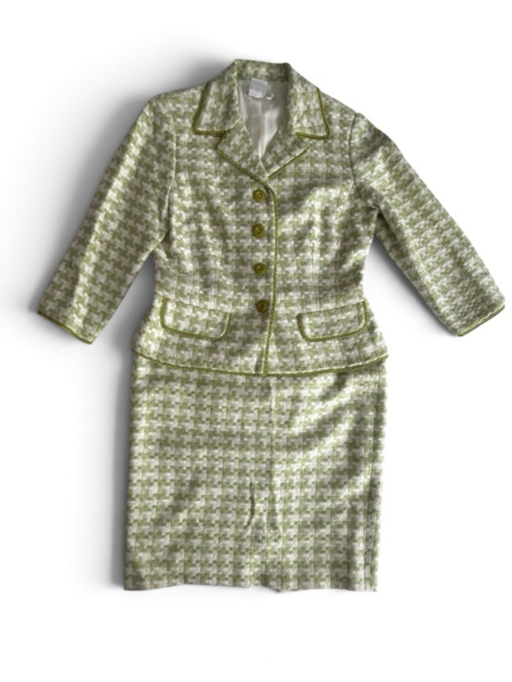 Maggy London Vintage Skirt Blazer Suit Set Womens 10 Silk Green Cream Tweed